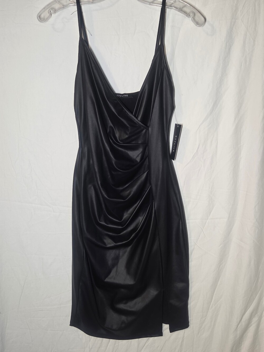 Ruched Black Faux Leather Mini Dress with Spaghetti Straps